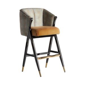 Estila Art-deco luxusná barová stolička Brilon v horčicovom poťahu so vzorom na vysokých drevených nohách 107cm