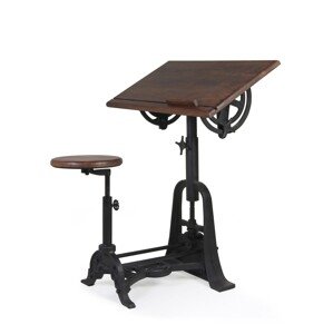Estila Industriálny dizajnový rysovací stôl s taburetkou HIERRO z masívneho mangového dreva s kovovou konštrukciou 80cm