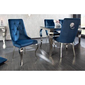 Estila Baroková dizajnová jedálenská stolička Glamour s chrómovou konštrukciou a modrým zamatovým čalúnením 102cm