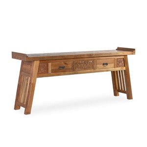 Estila Koloniálny konzolový stolík Talia z exoticky pôsobiaceho dreva a lesklou povrchovou úpravou s dvomi zásuvkami 200cm