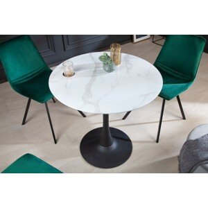 Estila Art deco okrúhly jedálenský stôl Velma s mramorovou povrchovou doskou bielej farby a čiernou podstavou 80cm