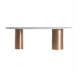 Estila Art-deco oválny jedálenský stôl Dorfena s mramorovým vzhľadom a kovovými nohami v zlatej farbe 240cm