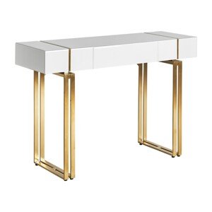 Estila Art deco luxusný konzolový stolík Bynum biely so sklenenou doskou a kovovými nožičkami v zlatej farbe 120cm