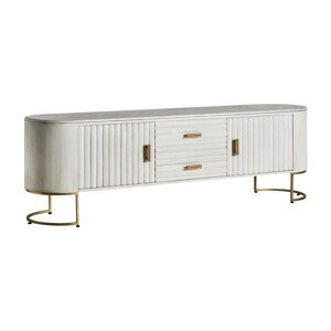 Estila Luxusný art deco TV stolík Sedge z mangového dreva bielej farby so zlatou kovovou konštrukciou 200cm