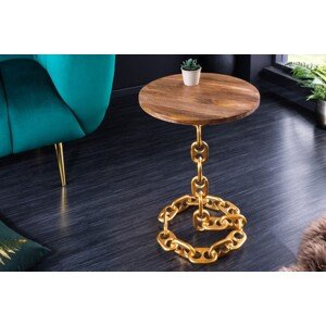 Estila Dizajnový okrúhly príručný stolík Belime Gold s ozdobnou zlatou konštrukciou z kovu a mangovou vrchnou doskou 54cm
