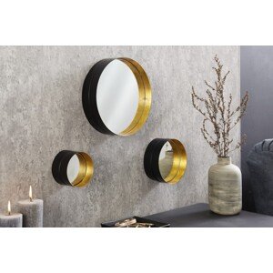 Estila Dizajnový art deco set troch nástenných zrkadiel Patagonia s okrúhlym kovovým rámom zlatej a čiernej farby