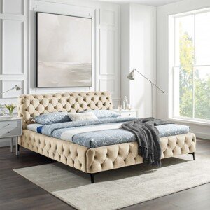 Estila Chesterfield čalúnená manželská posteľ Modern Barock s krémovým zamatovým poťahom a kovovými nožičkami 160x200cm