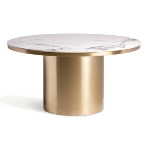 Estila Luxusný art deco okrúhly jedálenský stôl Dorienne so zlatou nohou a bielou vrchnou doskou s mramorovým dizajnom 150 cm